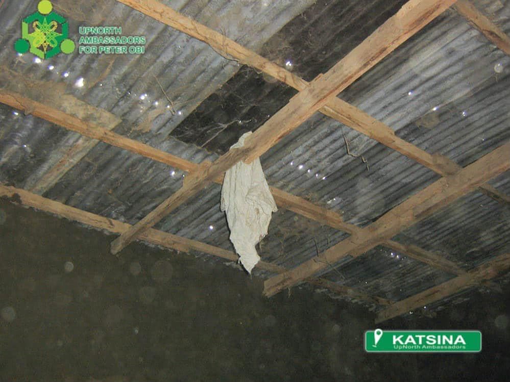 The failed roof structure seen from inside the building.