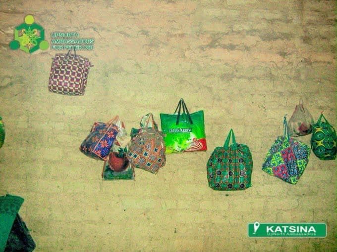 School bags prepared for distribution to the children.